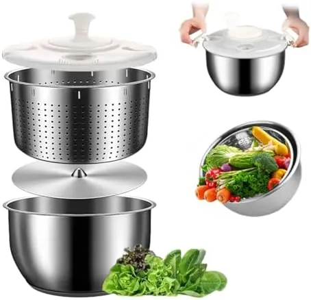 duzhilixon 6l stainless steel salad rotator non slip base vegetable dishwasher multi use lettuce spinner kitchen strainers