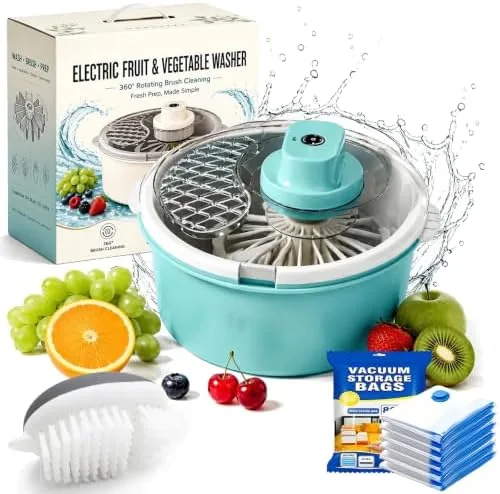 electric fruit and vegetable washer with salad spinner wash and spin dry lettuce greens berries and produce in one bowl space saving large capacity kitchen prep tool blue electric